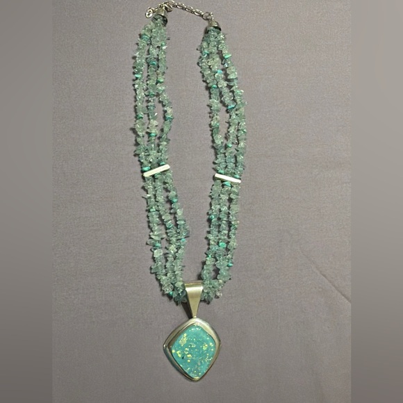 JAY KING DTR STERLING SILVER NECKLACE Pendant 3 Strands Aquamarine andTurquoise.
